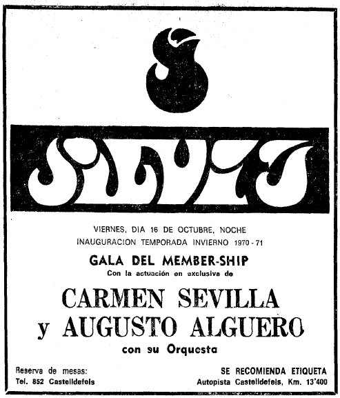 Anunci de la celebraci de la gala memeber-ship amb Carmen Sevilla a la discoteca Silvi's de Gav Mar publicat al diari LA VANGUARDIA el 14 d'octubre de 1970